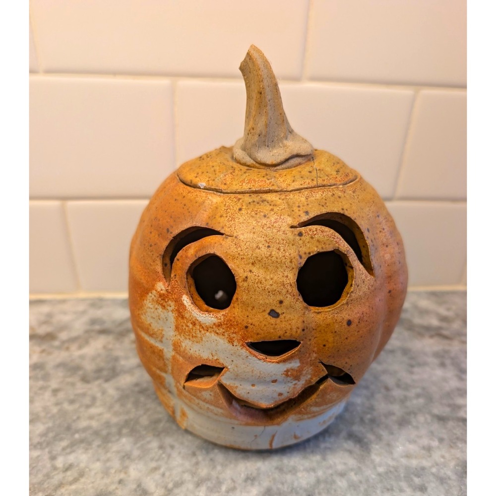Handmade Studio Pottery Jack O Lantern Pumpkin Luminary Lidded Halloween Decor
